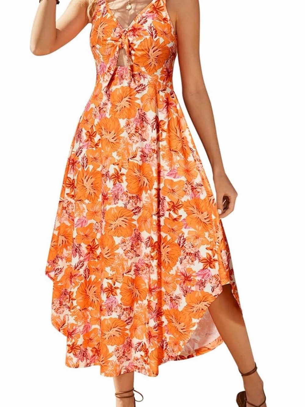 Summer Floral Tie-Front Maxi Dress - Orange Floral